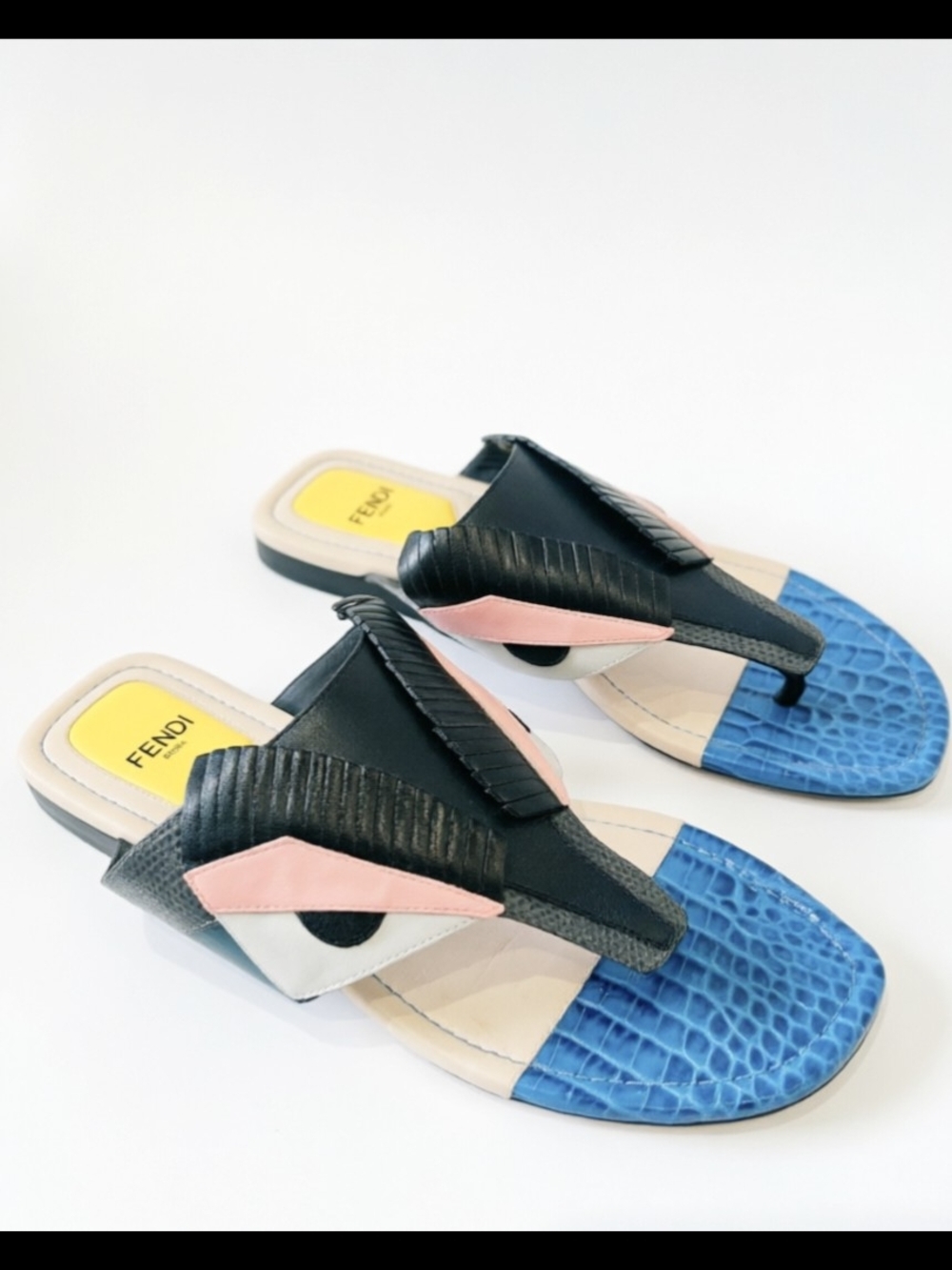 Fendi Multicolor Bugs Paneled Leather Thong Flats